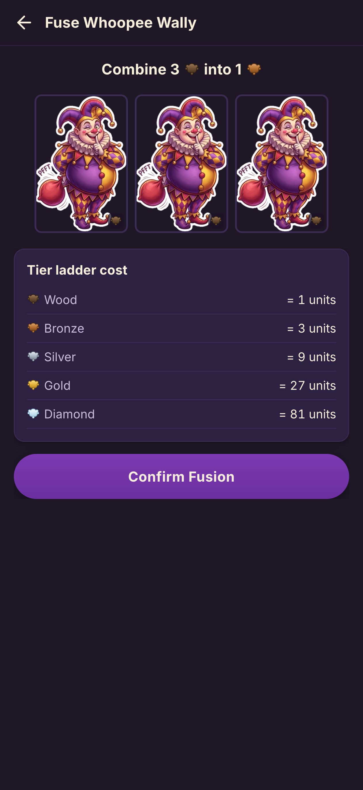 Fusion &mdash; three same-star jesters combine to the next tier